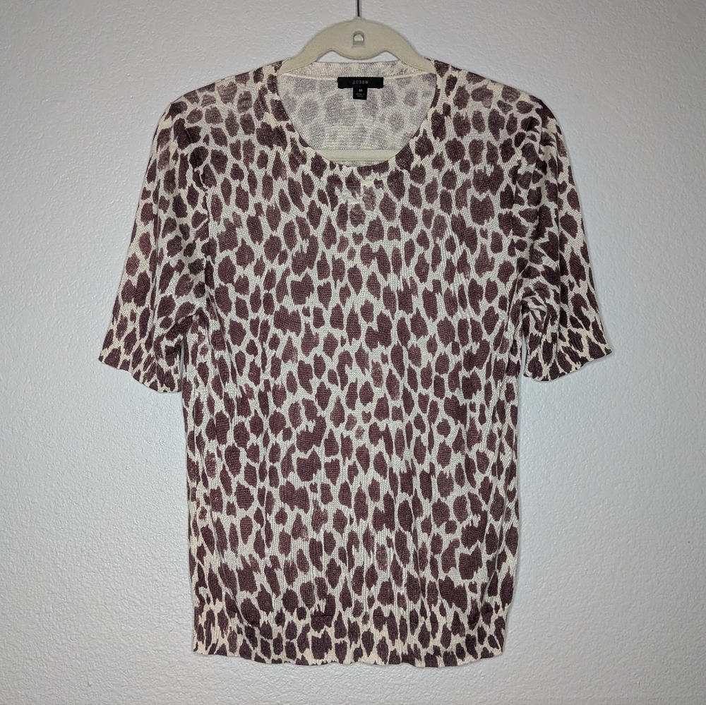 J. Crew Womens Tan Brown Lightweight Knit Silk Blend Giraffe Animal Print Top M